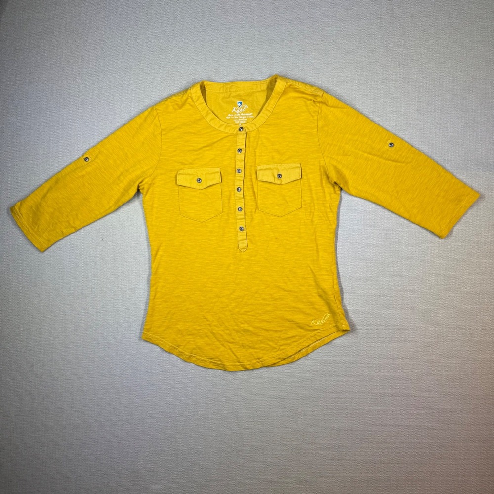 Kuhl Womens Henley Top Mustard Yellow 3/4 Sleeve Size Small Roll Tab